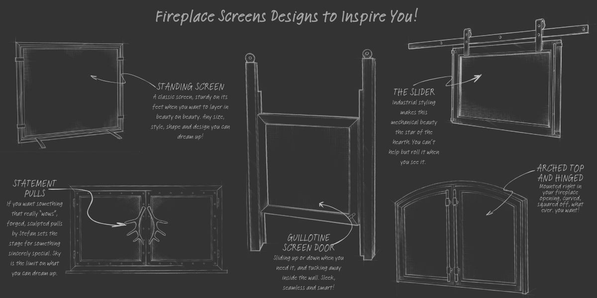 RU_Anatomy Of-2 The RU_Anatomy Of-2 features a chalkboard-style diagram, "Fireplace Screens Designs to Inspire You!", showcasing five designs—standing, slider, statement pulls, guillotine door, and arched top—with white sketches and handwritten notes.