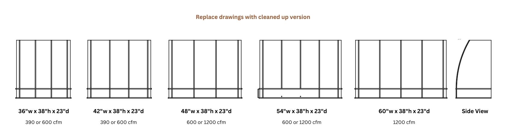 A row of five Snowmass Refined 38_h rectangular hood vent line drawings in increasing widths (36