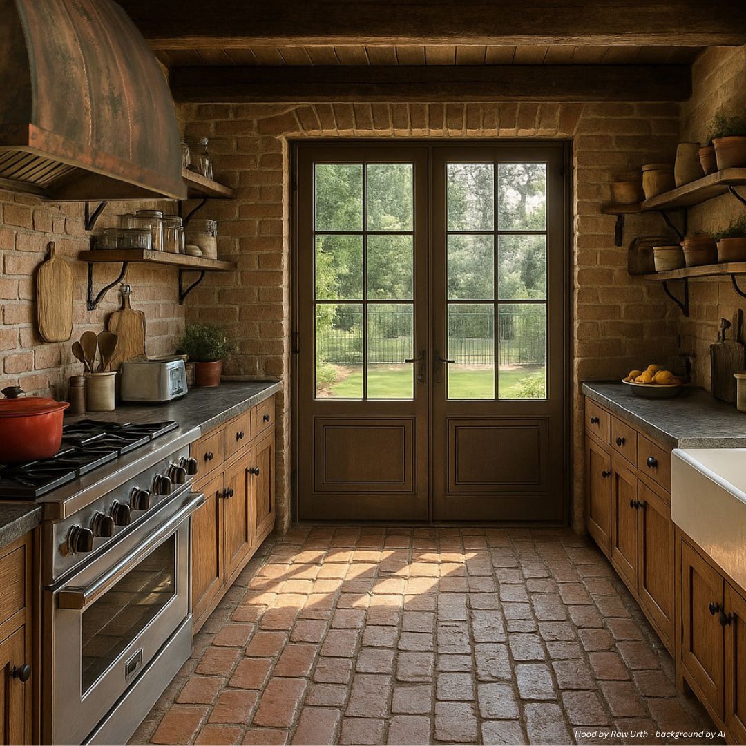 aspen-refined-gallery1 √ The aspen-refined-gallery1 features a rustic kitchen with brick walls, wood cabinets, open shelves, a farmhouse sink, and a double glass door to a green lawn. Cooking utensils and a red pot are on the stove.