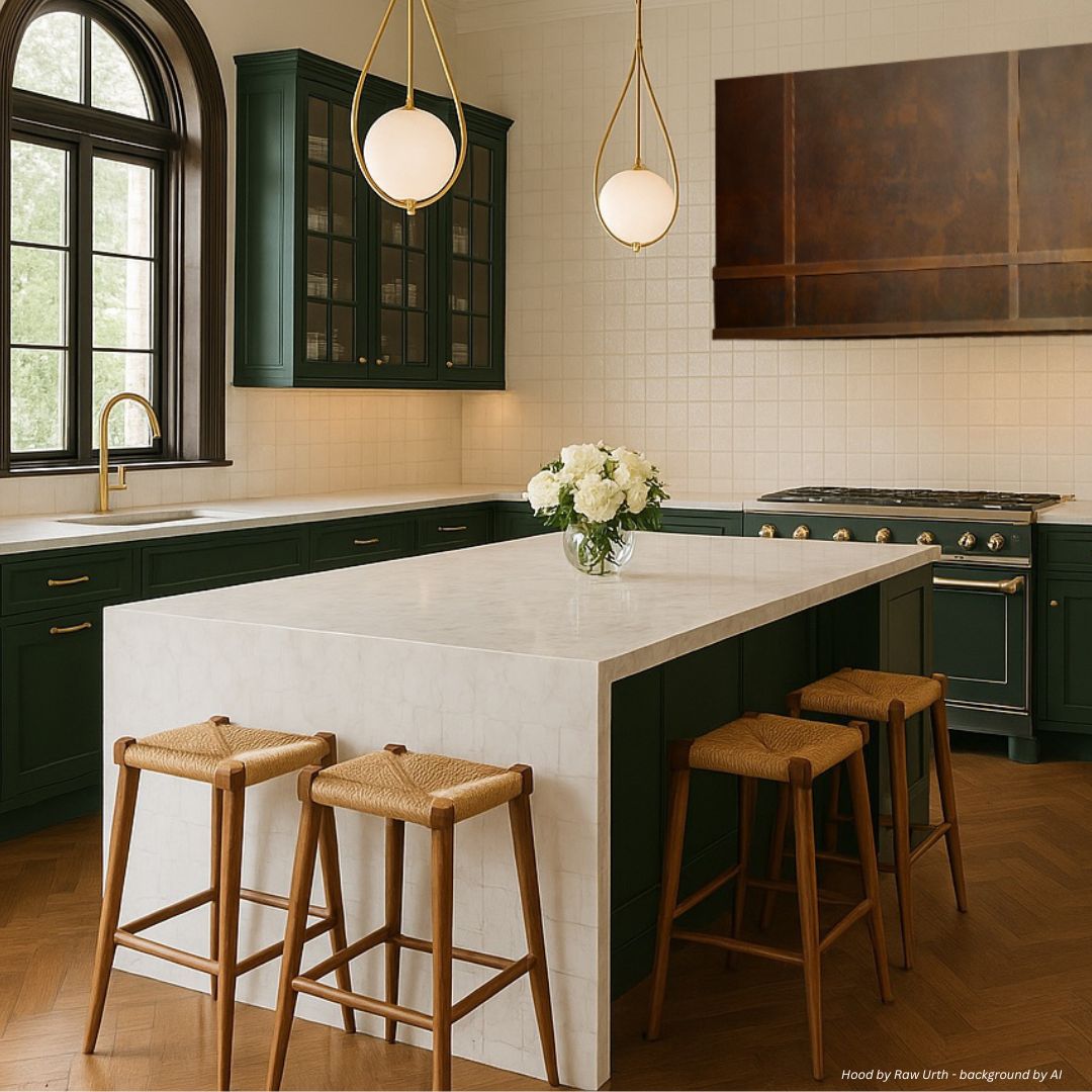 box-classic-gallery1√ The box-classic-gallery1√ features a modern kitchen with dark green cabinets, a white marble island, woven stools, brass fixtures, globe pendant lights, a vase with white flowers on the island, and a large window for natural light.