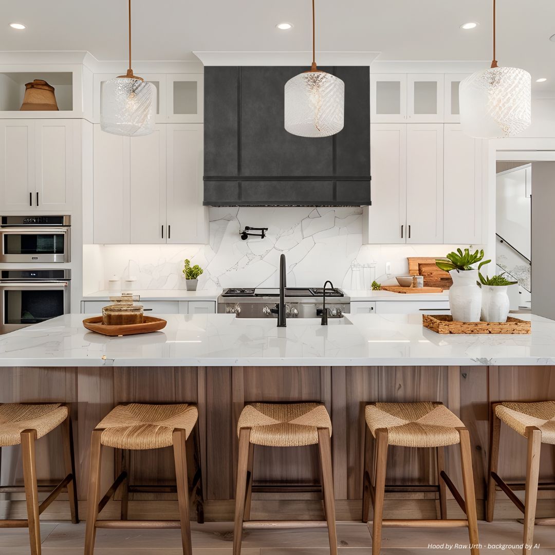 box-classic-gallery2-3 The box-classic-gallery2-3 features a modern kitchen with a spacious island, wood bar stools, pendant lights, white cabinets, marble backsplash, black range hood, stainless appliances, and warm decor accents for an inviting ambiance.