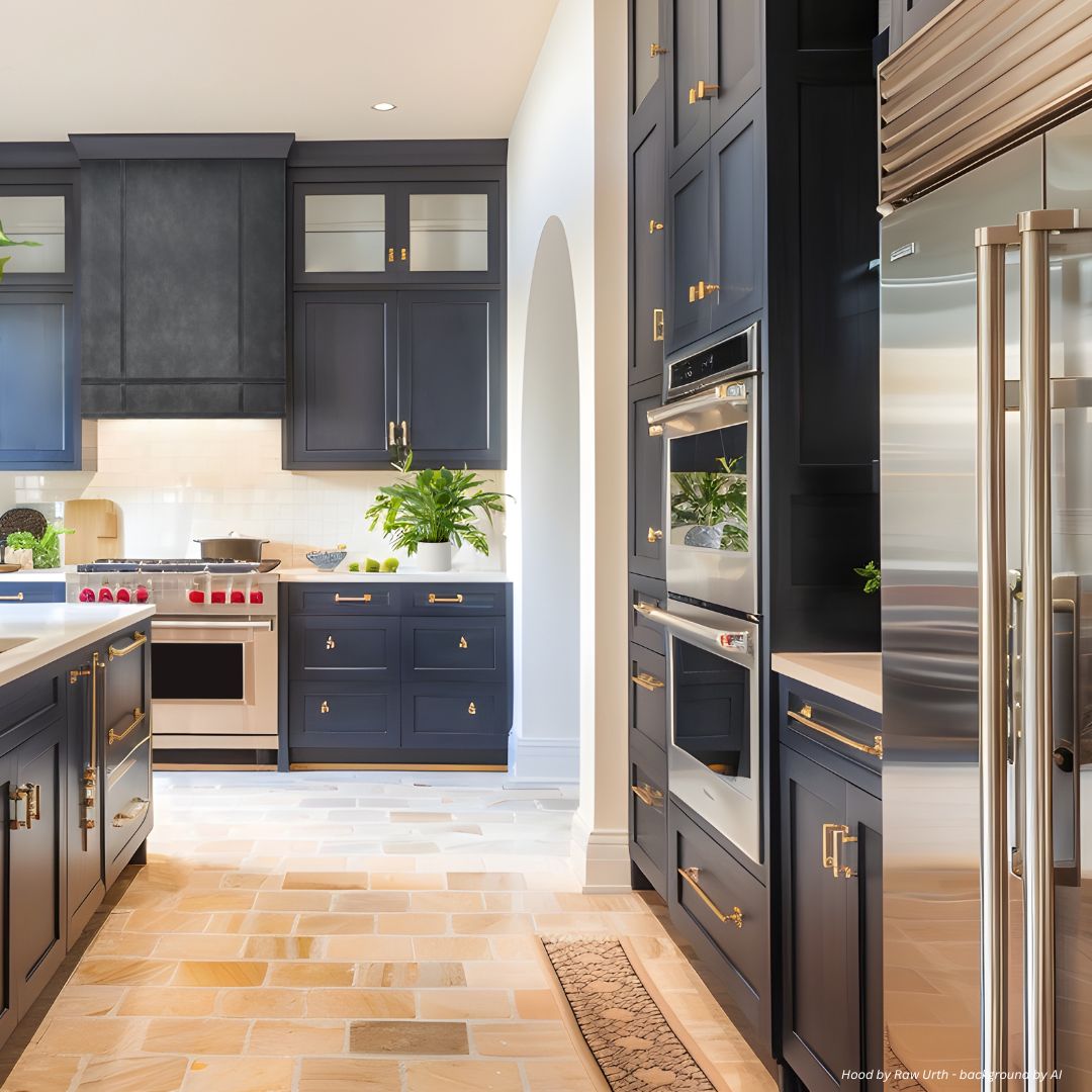 box-classic-gallery3-3 A modern kitchen featuring box-classic-gallery3-3 navy blue cabinets, gold hardware, stainless steel appliances, light countertops, a brick-patterned tile floor, and decorative potted plants on the counter.