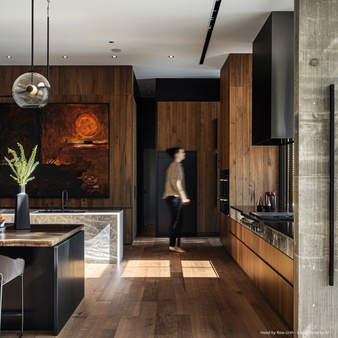 box-essential-gallery1√ The box-essential-gallery1√ features a modern kitchen with wood-paneled walls, black cabinets, marble countertops, a large painting, and warm natural and artificial lighting as someone walks through the space.