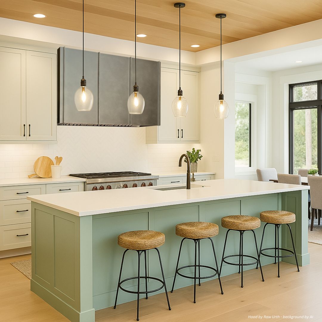 box-refined-gallery1√ A modern kitchen featuring the box-refined-gallery1√ with a large green island, four wicker stools, white countertops, light wood floors, pendant lights, white cabinetry, stainless steel appliances, and large windows.