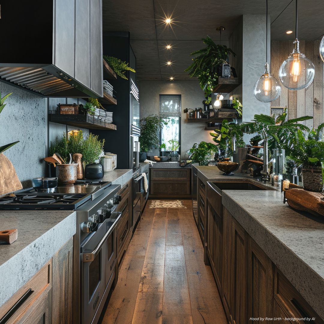 box-refined-gallery2√-2 A modern kitchen featuring box-refined-gallery2√-2, wood floors, gray stone countertops, pendant lights, green plants, and open shelves for dishes and cookware, creating a cozy atmosphere with soft ambient lighting.
