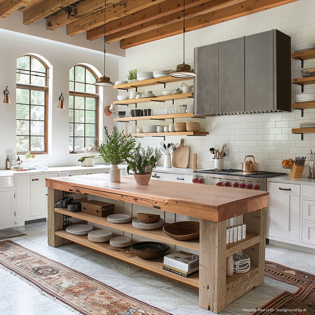 box-refined-gallery3√ A bright kitchen featuring box-refined-gallery3√ white cabinets, open wood shelves with dishes, a large wooden island adorned with plants, and arched windows that let in abundant natural light.