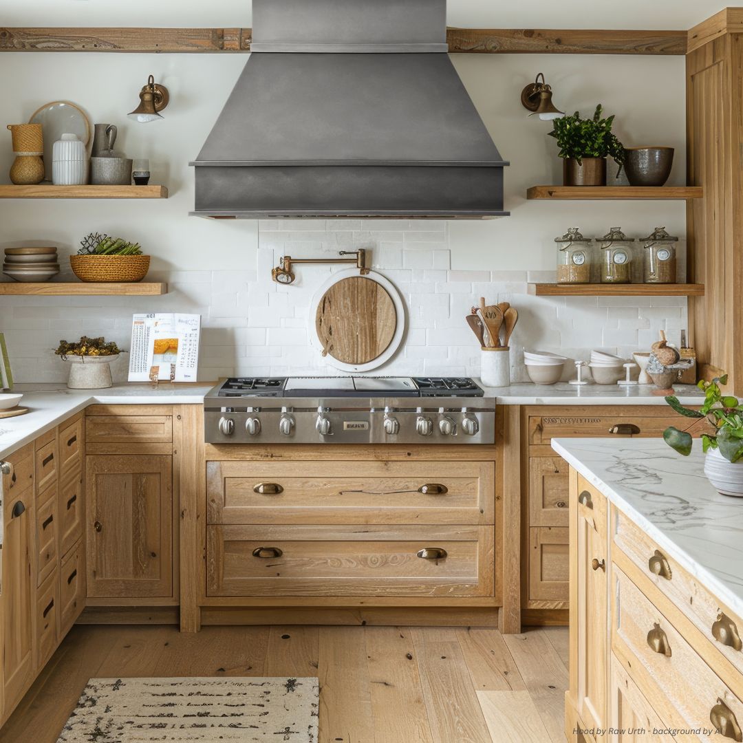 creed-essential-gallery3-2 The creed-essential-gallery3-2 shows a bright modern farmhouse kitchen with light wood cabinets, open shelves with jars and decor, stainless steel stove and hood, white tile backsplash, potted plants, and neutral countertops.