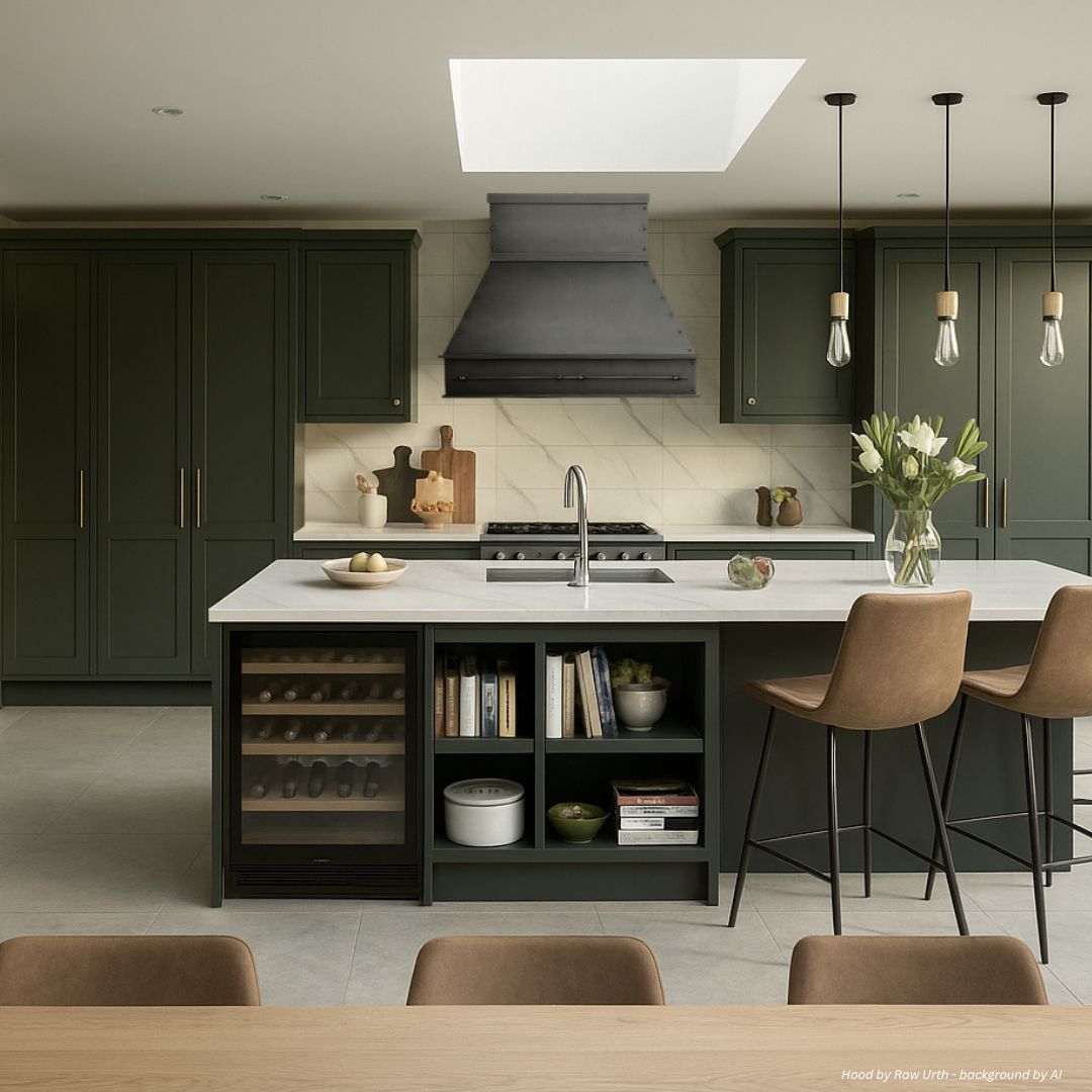 creed-refined-gallery1√ The creed-refined-gallery1√ features a modern kitchen with dark green cabinets, a spacious island with sink, brown bar stools, built-in wine cooler, pendant lights, floral vase accents, skylight, and minimalist décor for a bright, stylish vibe.