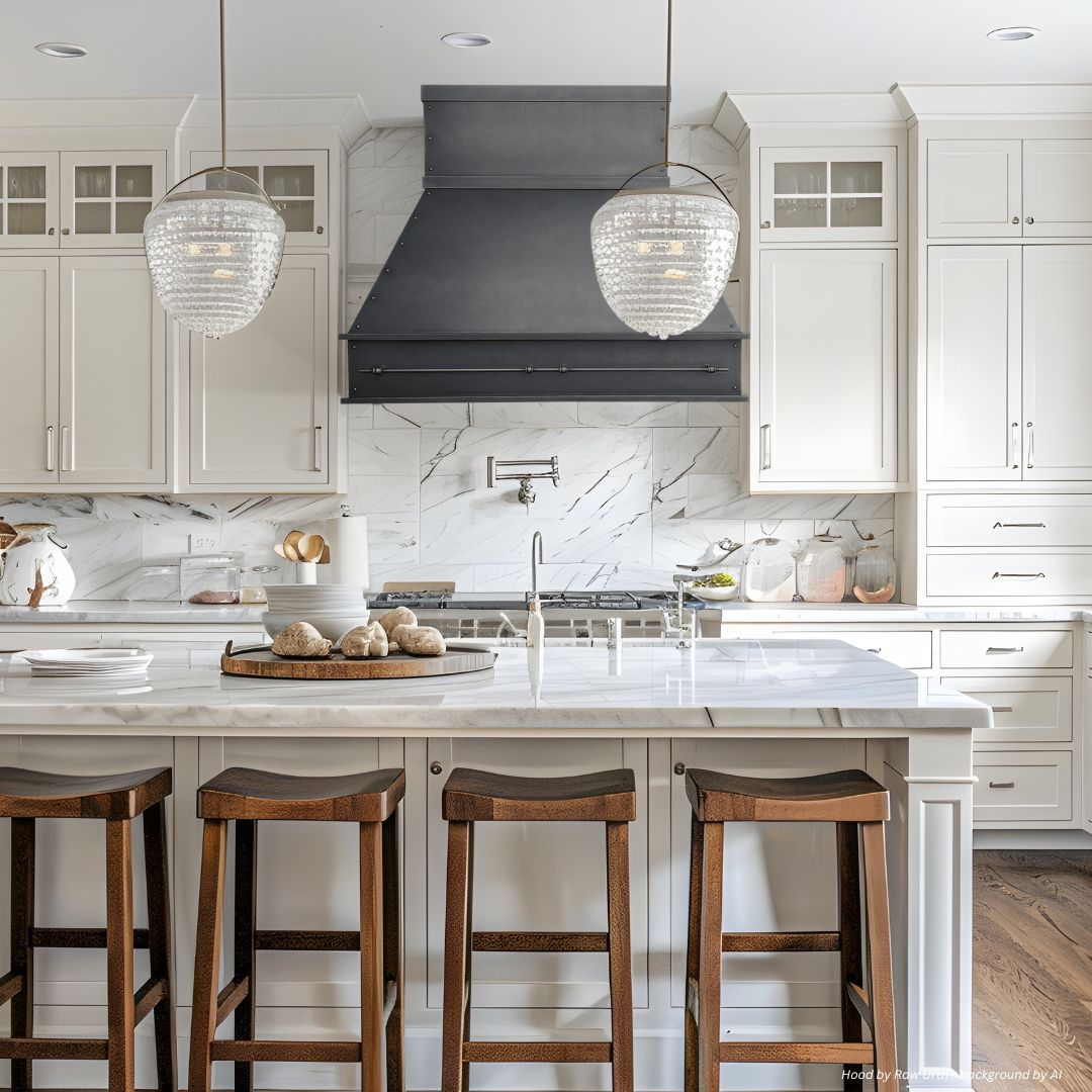 creed-refined-gallery3-2 The creed-refined-gallery3-2 kitchen features white cabinets, a marble backsplash, a dark range hood, and two pendant lights. A central island with a marble countertop and four wooden stools completes the modern look with neatly arranged decor.