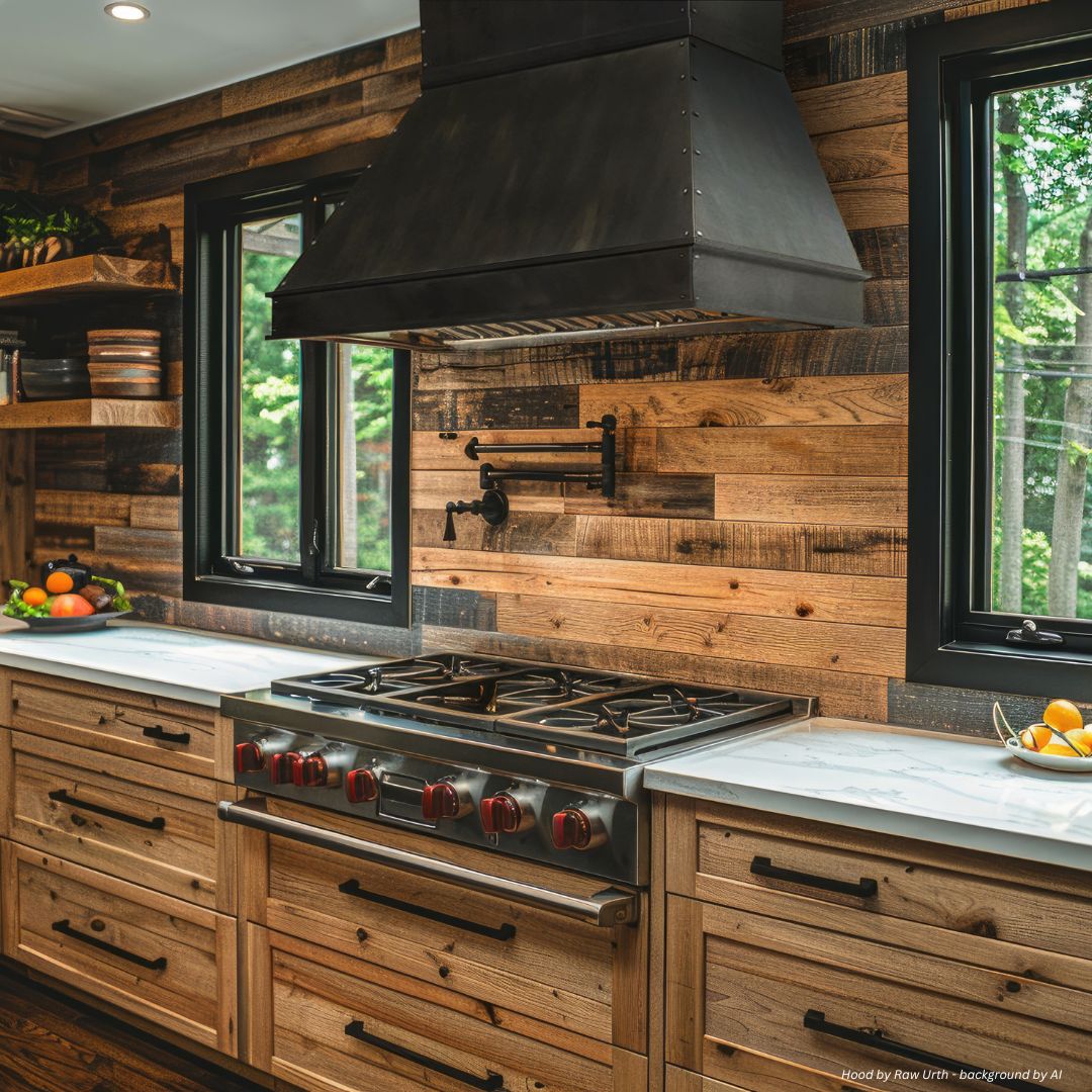 creede-tailored-gallery2 The aspen-classic-gallery3 kitchen features a spacious design with wooden beams, white cabinets, and granite countertops. It includes a large island with three black stools, a fruit bowl, modern stainless steel appliances like a range with a dark hood, wooden floors, and pendant lighting.