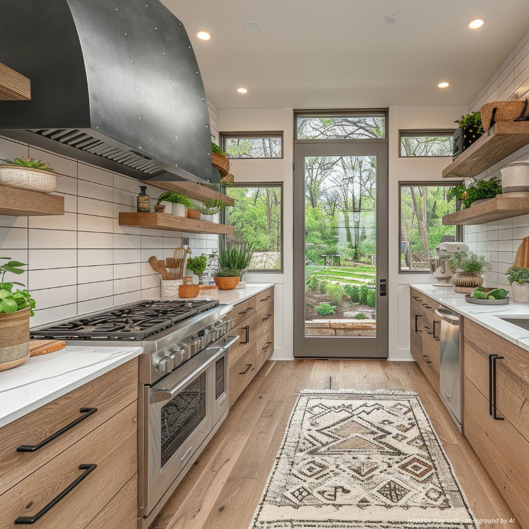snowmass-essential-gallery3 Modern kitchen featuring Snowmass Essential Gallery3 wood cabinets, open shelves, stainless steel appliances, potted plants, and white subway tile. Large windows and a glass door overlook a lush backyard. Patterned rug on wooden floor.