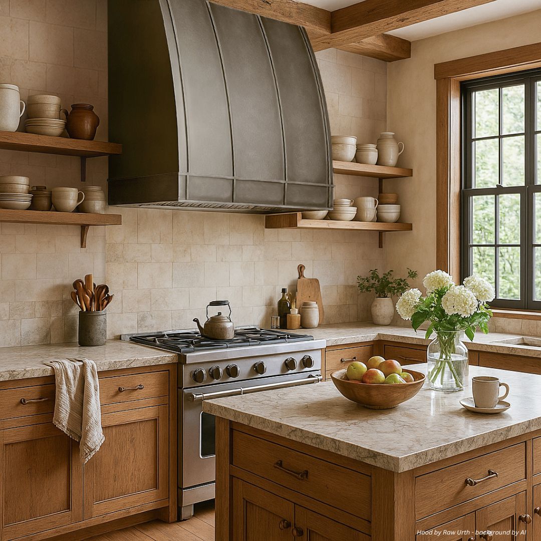 snowmass-refined-gallery2√ The snowmass-refined-gallery2√ features a cozy kitchen with wooden cabinets, open shelves with pottery, a metal range hood, stove and kettle, marble-topped island, fruit bowl, white flowers on the counter, and sunlight streaming in.
