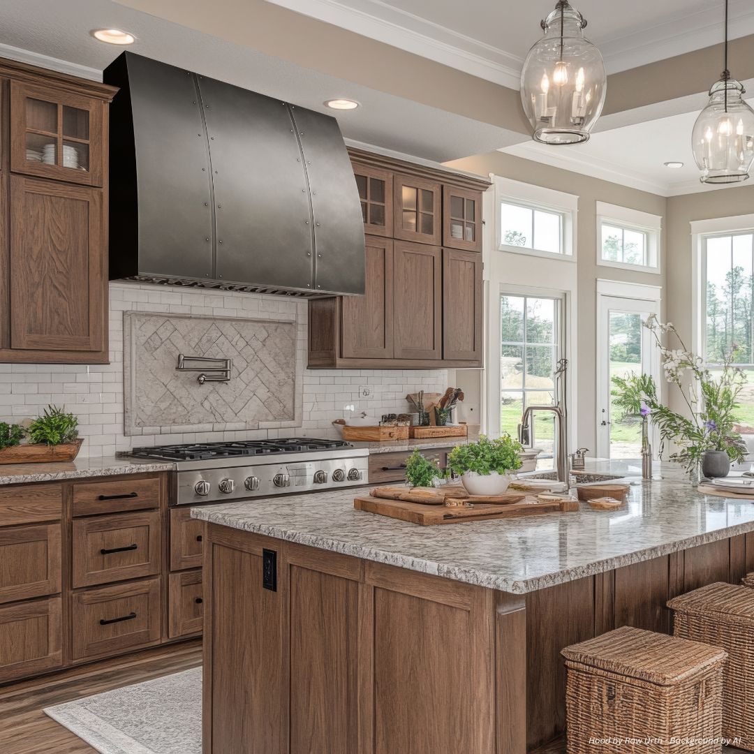 The snowmass-tailored-gallery1-3 features a bright, modern kitchen with wooden cabinets, a large stainless steel range hood, marble countertops, pendant lights, wicker stools at the island, and fresh decor.