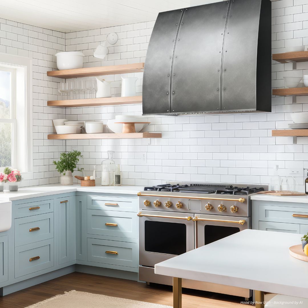 The snowmass-tailored-gallery2-3 features light blue cabinets, open wood shelves with white dishes, a striking black metal range hood, stainless steel stove with gold accents, white subway tile backsplash, and ample natural light.
