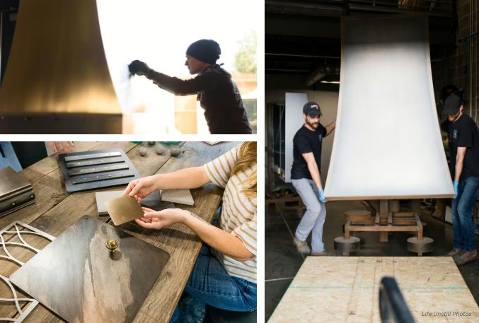 Three images: Top left, a person works on Product Name: 1 in sunlight; bottom left, hands examine metal samples and sketches; right, two people move a large, smooth Product Name: 1 indoors.