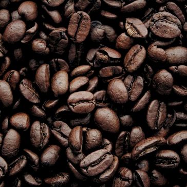 A close-up of 35 showcases a pile of dark brown roasted coffee beans with a glossy texture and detailed surface.