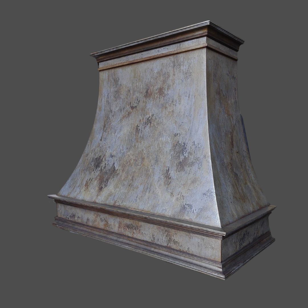 The Agate 2 range hood features a wide, flared base, textured metallic surface, and decorative trim, set against a plain gray background.