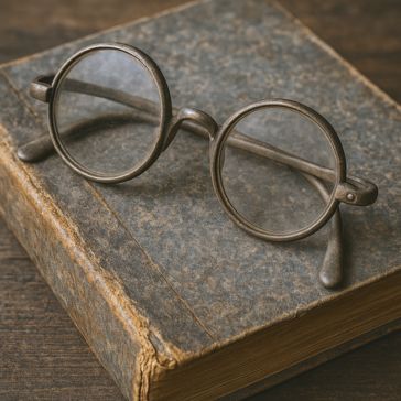 The Agate 7, a pair of round vintage eyeglasses, rests atop an old textured hardcover book with worn edges on a wooden surface.