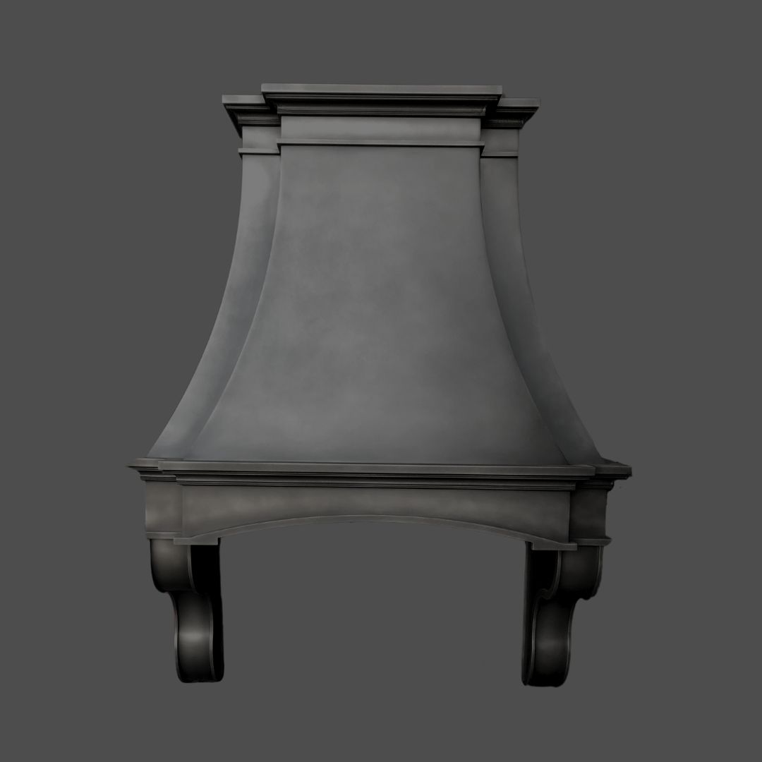 The Antique 2 is a 3D-rendered, matte black kitchen range hood with a wide flared base, decorative moldings, and curved side supports, displayed against a plain gray background.
