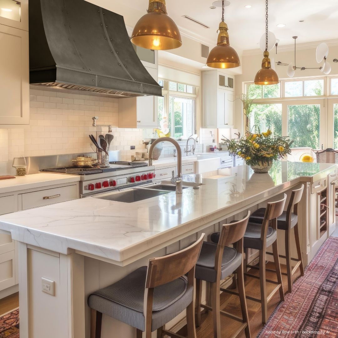 Avon Tailored - gallery2-2 The Avon Tailored - gallery2-2 features a bright, modern kitchen with a marble island, four wooden chairs, gold pendant lights, white cabinets, a bold black range hood, and sunlight streaming in through large windows.
