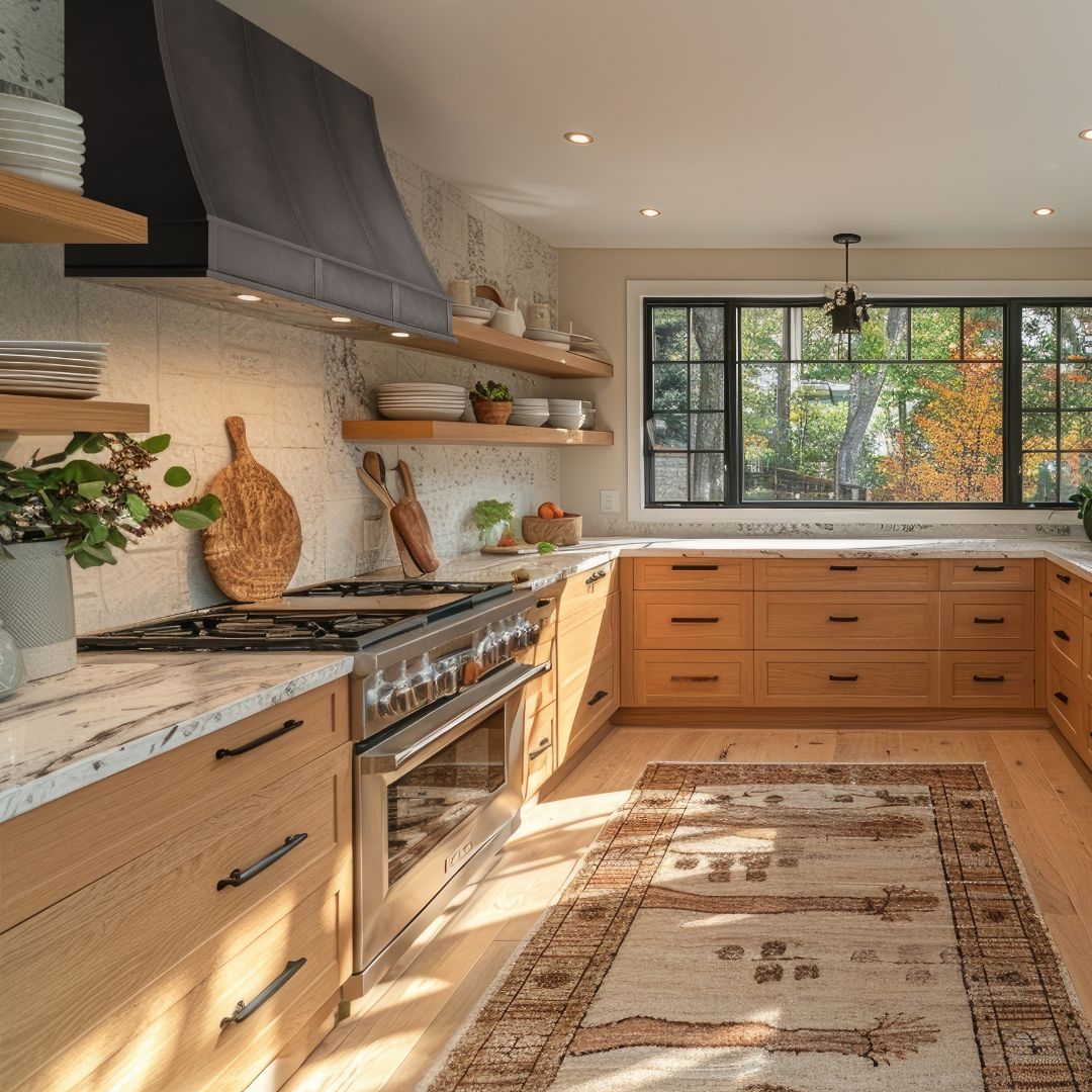 Avon-refined-gallery2-3 The Avon-refined-gallery2-3 kitchen features wooden cabinets, marble countertops, open shelving with dishes, a stainless steel oven, and a large window for natural light. A patterned rug decorates the wooden floors.