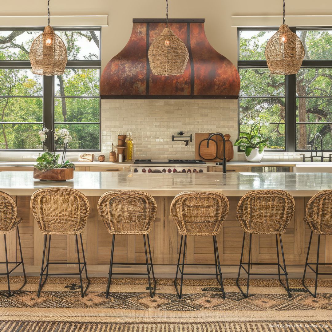 Bellvue Copper Wash A bright, modern kitchen features wicker barstools, a large island, pendant lights, and the Bellvue Copper Wash range hood. Large windows fill the space with light and views of greenery; potted plants provide fresh decorative touches.