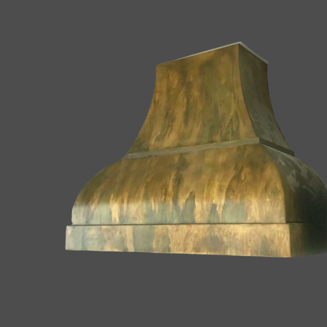 Brass Washed 1 The Brass Washed 1 is a metallic gold and bronze range hood featuring a curved, flared design, showcased against a plain gray background.