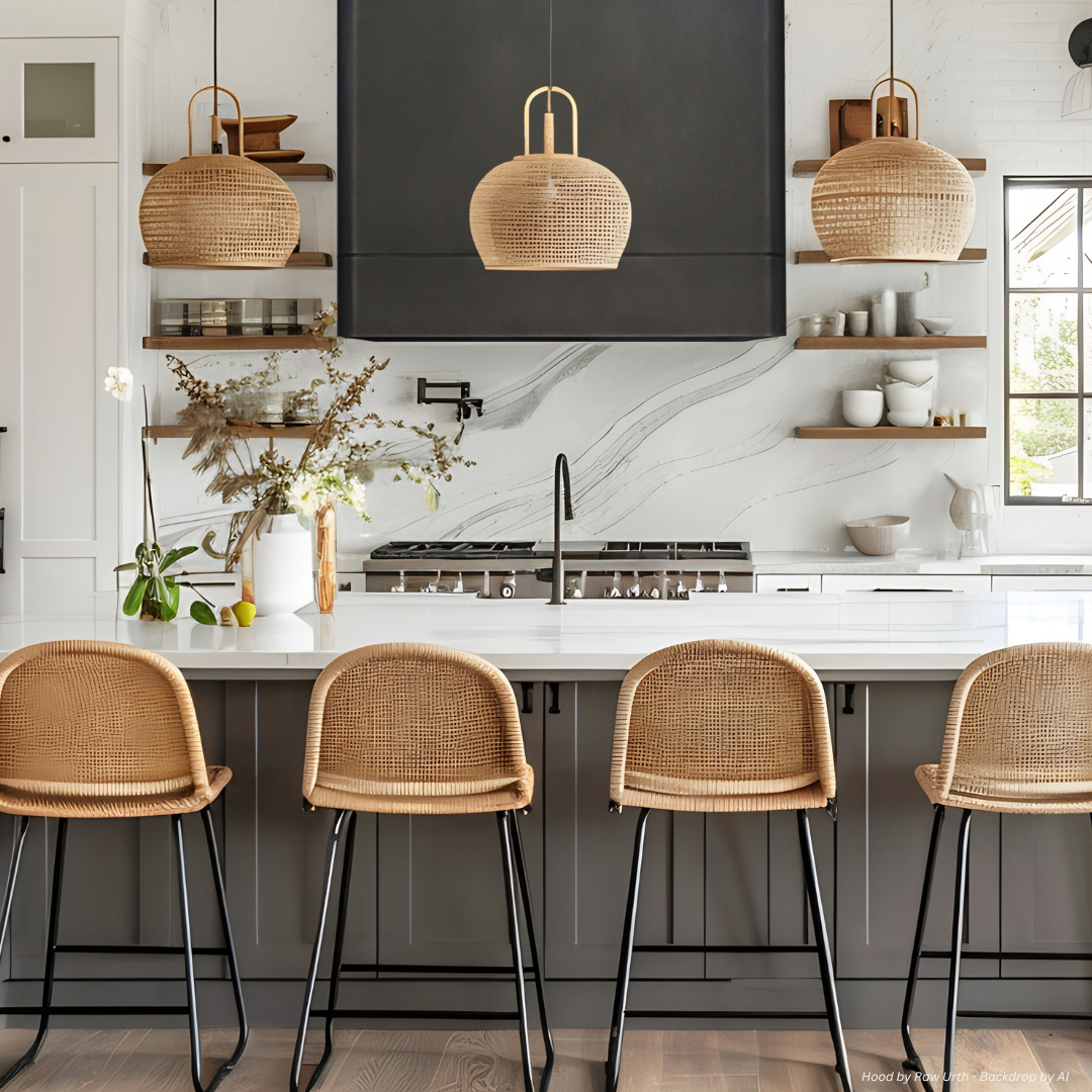The Broadmoor gallery3 features a modern kitchen with a large island, four wicker barstools, pendant lights, open wooden shelves with dishes, and a marble backsplash. Natural light from the window creates a bright, airy atmosphere.