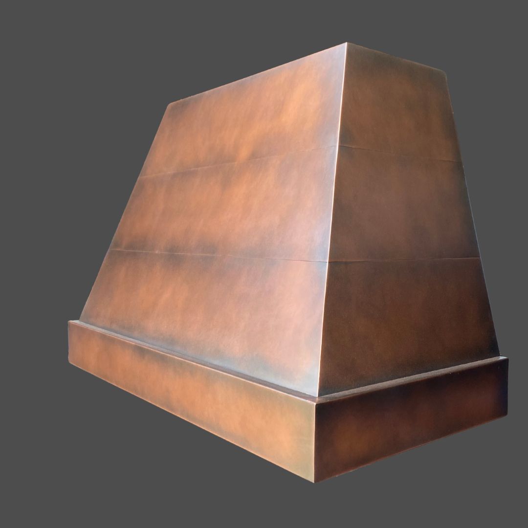 Copper Antique 1 The Copper Antique 1 is a large, trapezoidal, bronze-colored metal structure with clean edges, showcased against a plain gray background.