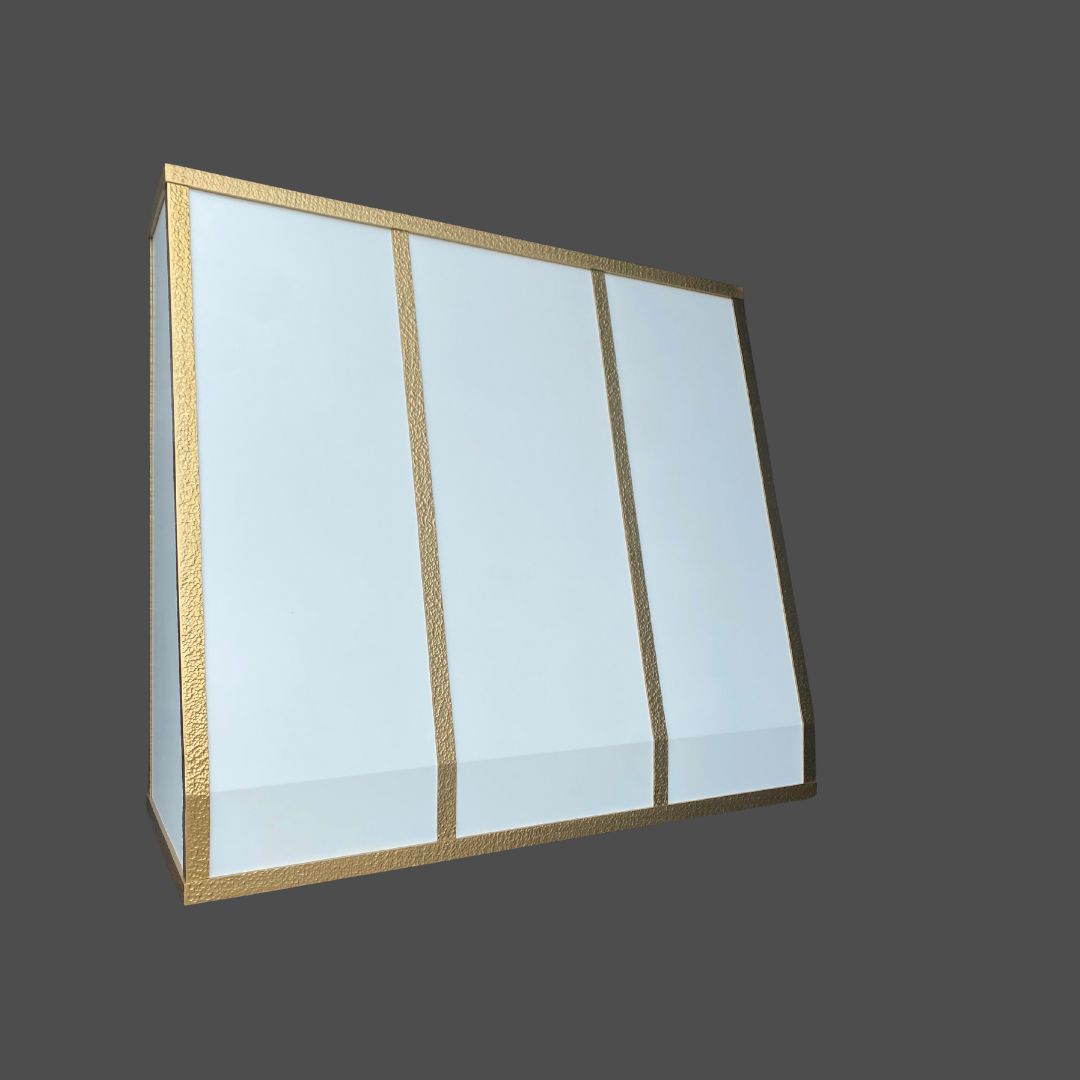 A display case featuring three vertical gold dividers and a gold frame, set against a plain gray background. Product shown: Enamel Paint 1.