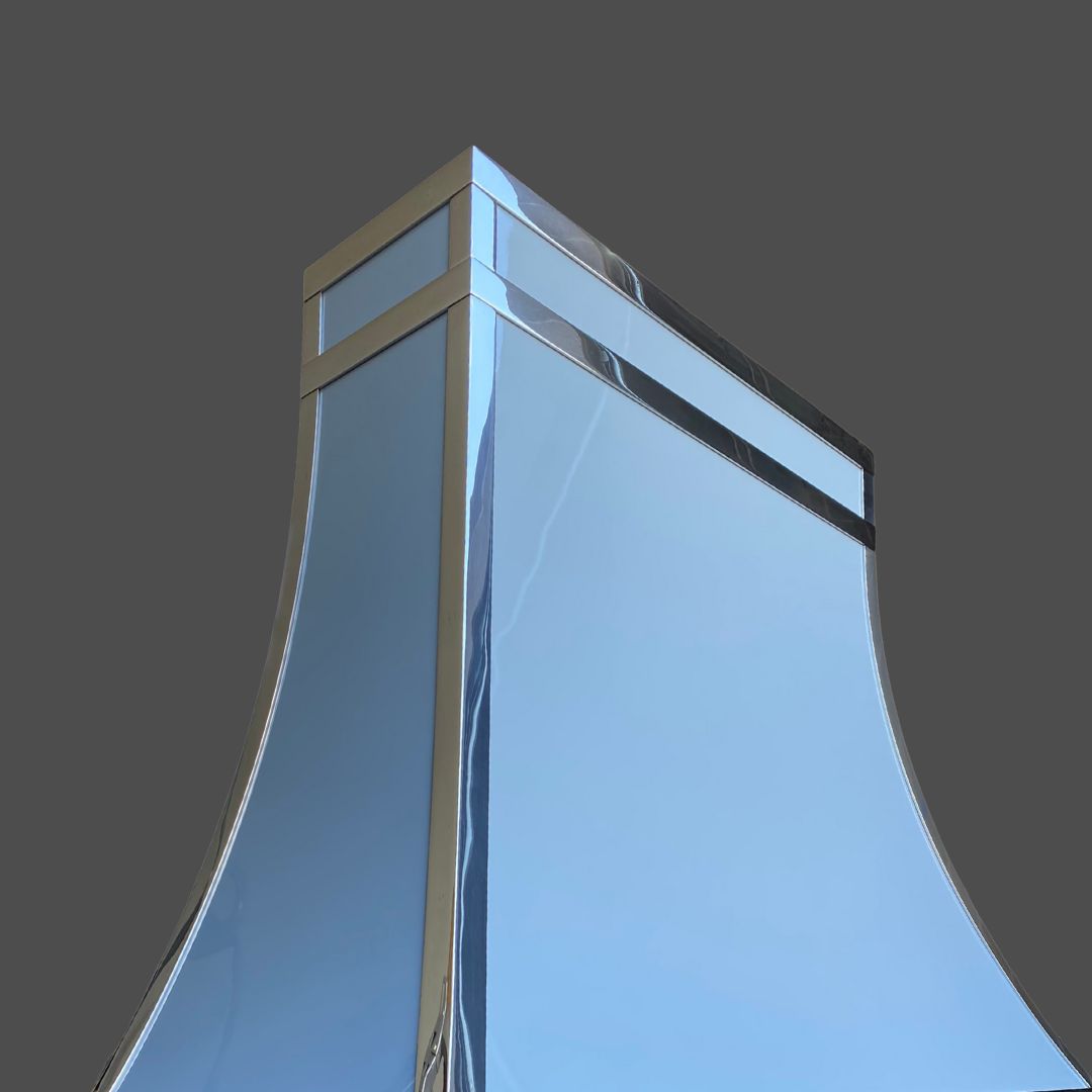 Close-up of Enamel Paint 3, featuring a modern metallic finish with a smooth, reflective blue surface and silver trim set against a plain gray background.