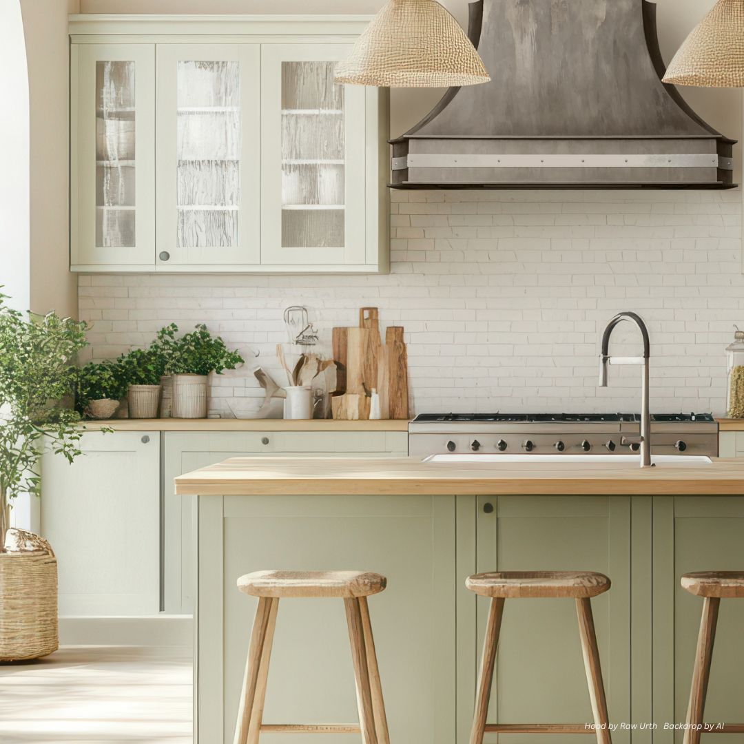 Mary Jane gallery3-3 The Mary Jane gallery3-3 features a bright, modern kitchen with pale green cabinets, a wooden island and stools, stainless steel appliances, potted plants, wicker pendant lights, and a white tile backsplash.