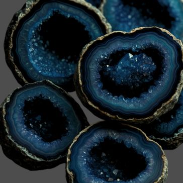 Several cross-sections of deep blue geodes with sparkling crystal interiors and layered rings are displayed in the Patina 6 column photos-3 set against a dark gray background.
