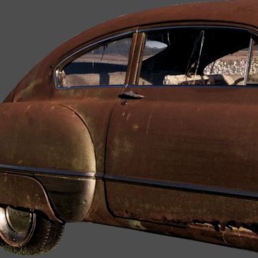Patina Mood Board-2 features a rusty old car with a broken rear window and visible damage along the bottom, set against a plain gray background.