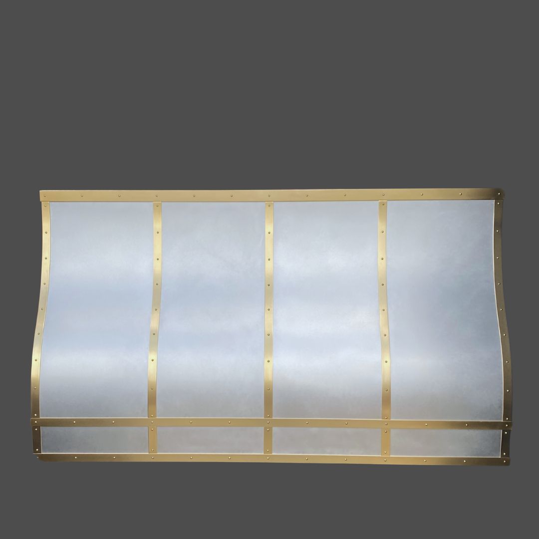 Pewter Burnished 1-2: A metallic, curved panel featuring vertical and horizontal gold bands with rivets, set against a plain gray background.