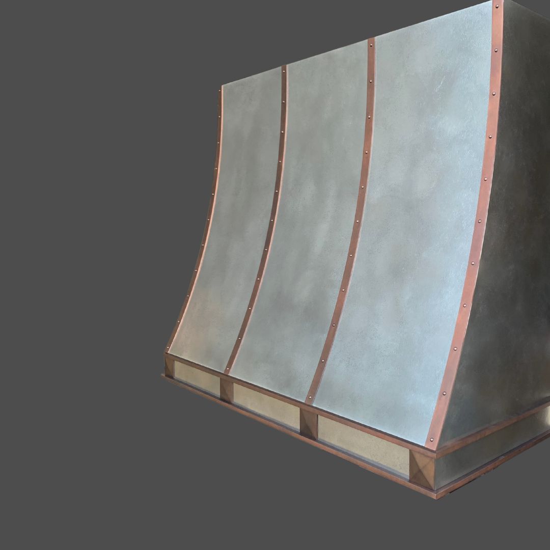 The Pewter Butterdish 2-2 is shown with a curved design, vertical copper bands with rivets, and a brushed metallic finish, set against a plain dark gray background.