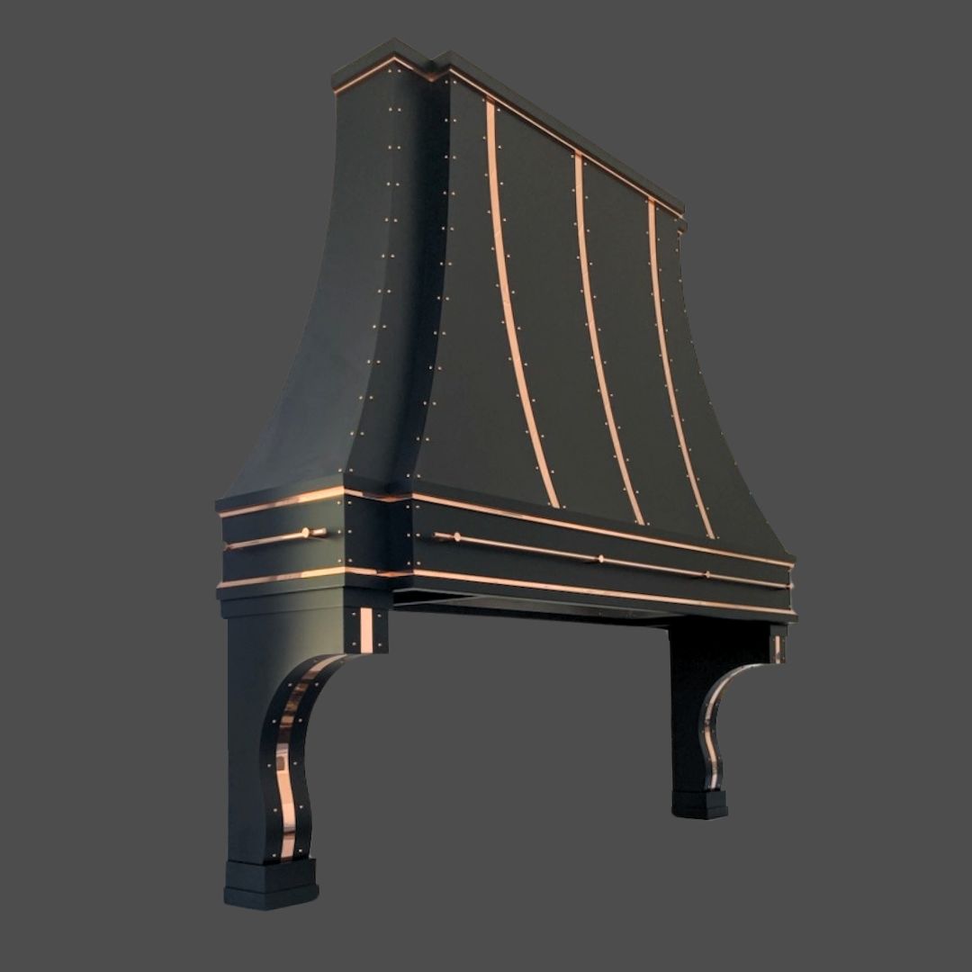 Raven Black 1 The Raven Black 1 is a black metal range hood with copper trim and rivet details, a flared tapered shape, and arched legs shown against a plain gray background.