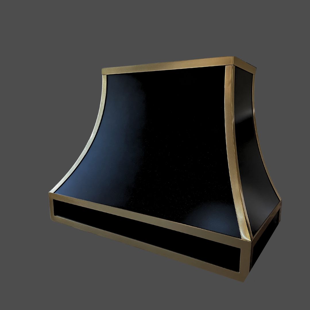 Raven Black 3-2 The Raven Black 3-2 range hood features a black finish with gold trim, a rectangular base, and gently curved sides, showcased against a plain gray background.