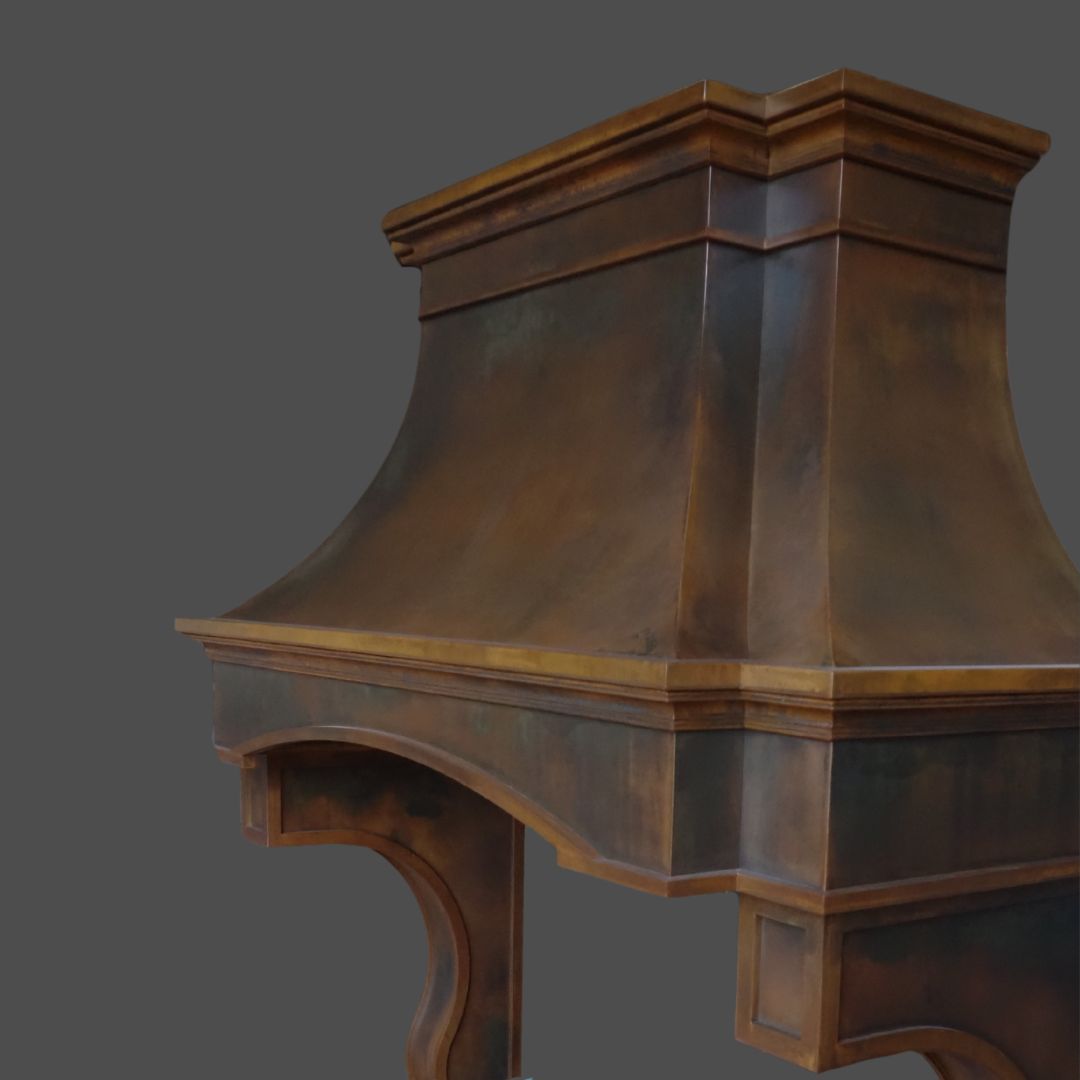 A close-up of the Rustic Iron 1, a large, ornate dark wood range hood with a curved, flared design and decorative trim, set against a plain gray background.