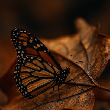 A close-up of Rustic Iron 5, featuring orange, black, and white patterns, perched on a dry brown leaf against a softly blurred dark background.