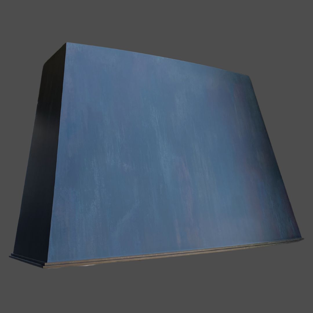 Slate 1-3 The Slate 1-3 is a matte dark blue metal range hood with a trapezoidal shape, shown against a plain gray background.