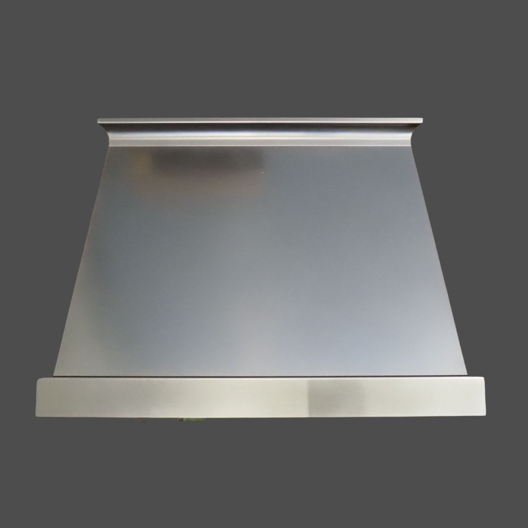 The Stainless Burnished 1 is a metallic, wall-mounted kitchen range hood featuring a wide flared base and slim flat top, displayed against a plain dark gray background.