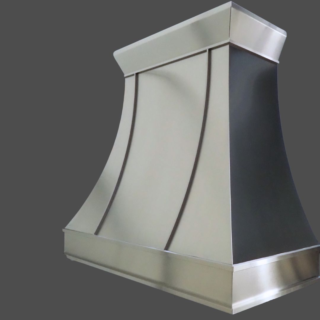 The Stainless Burnished 2 is a modern stainless steel range hood featuring a flared, curved design with clean, sharp edges, displayed against a plain gray background.