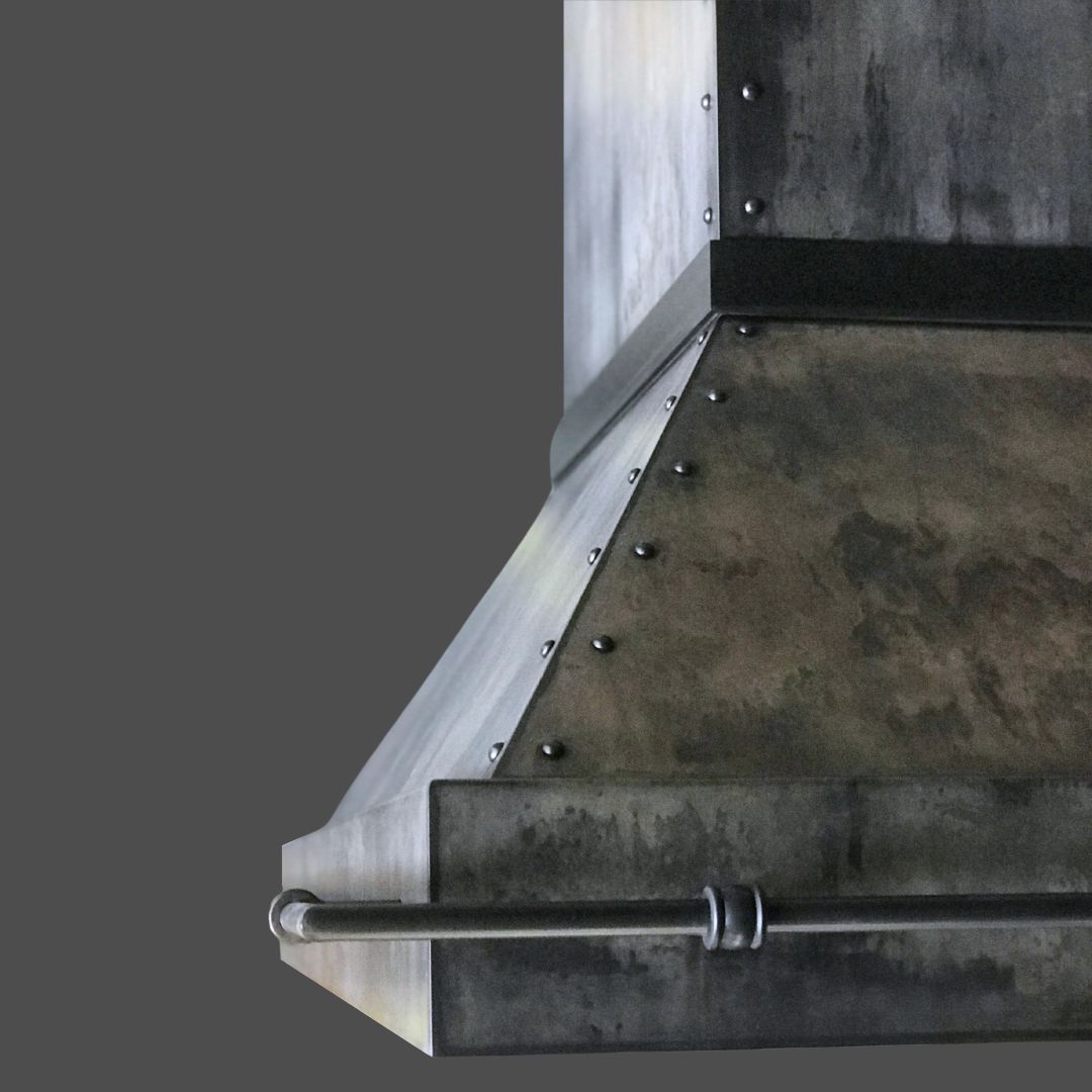 A close-up of the Vintage Reclaimed 3 shows an industrial metal vent or hood with visible rivets and a dark, weathered surface against a plain gray background. A pipe runs horizontally along its lower edge.