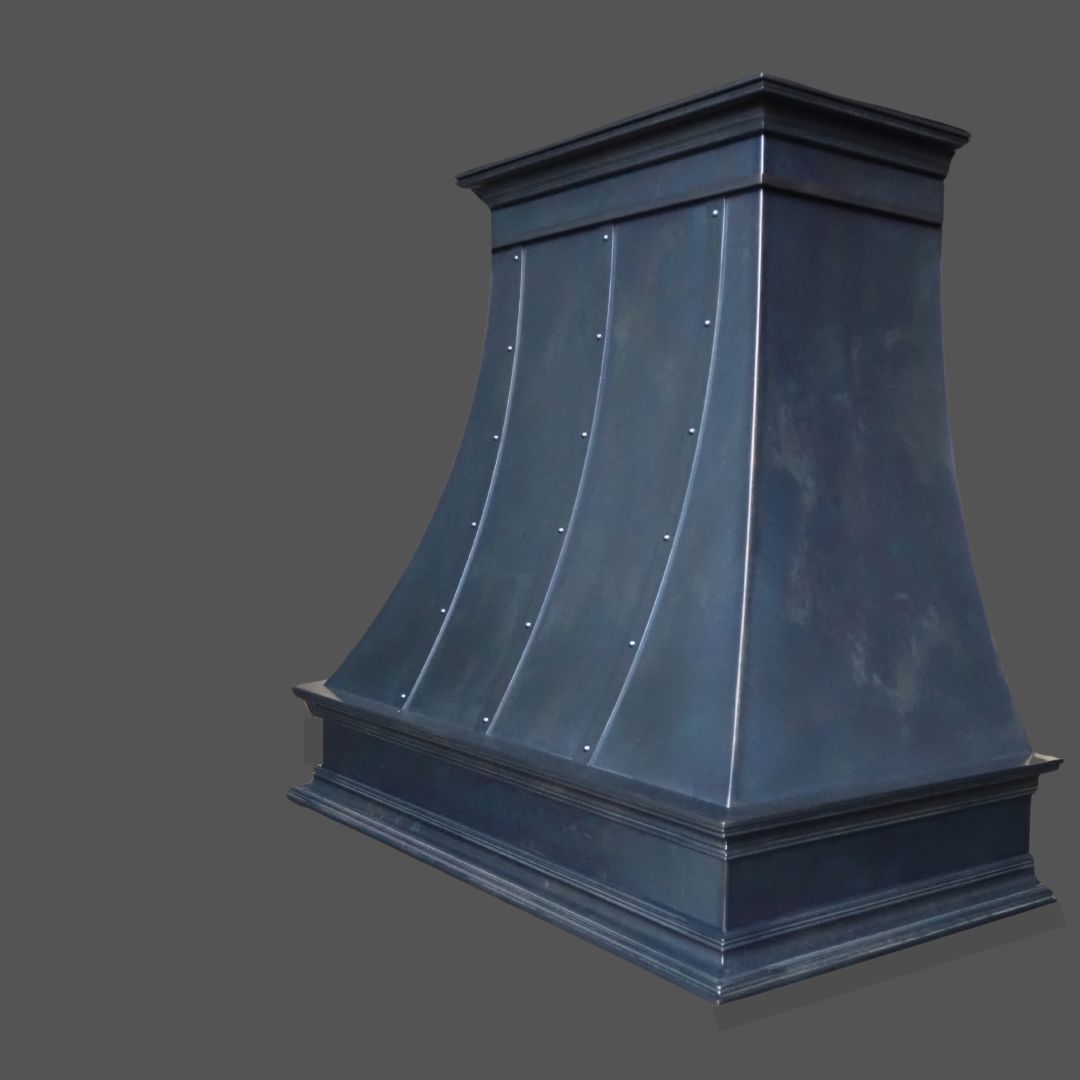 The Winter Blue 3 is a dark metallic range hood featuring a flared, curved design and vertical rivet details, showcased against a solid gray background.