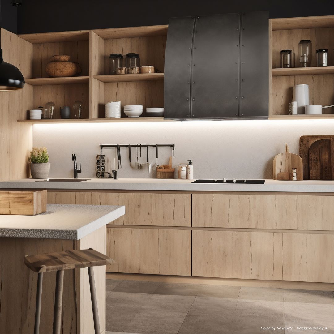 The snowmass-tailored-gallery3√ kitchen features light wood cabinets, open shelves for dishes and jars, a black range hood, built-in stovetop, minimalist decor, a wooden stool by the island, and under-cabinet lighting.