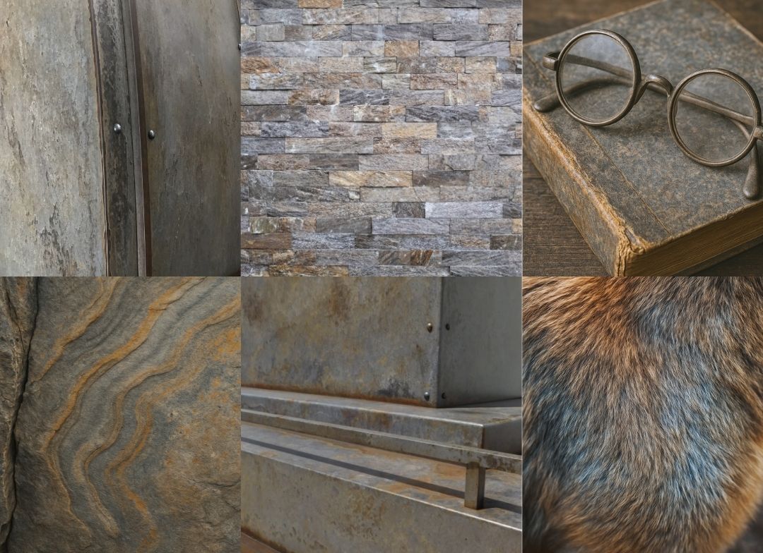 A collage of six textures from the Agate Mood Board Mobile: rusty metal, stacked stone bricks, old glasses on vintage book, striped rock, weathered metal bars, and brown-gray animal fur.
