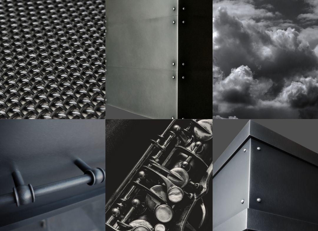 A grid of six grayscale images for the Antique Mood Board Mobile: woven metal mesh, metallic surface with rivets, cloudy sky, close-up metal handles, saxophone keys, and modern metal corner with rivets.