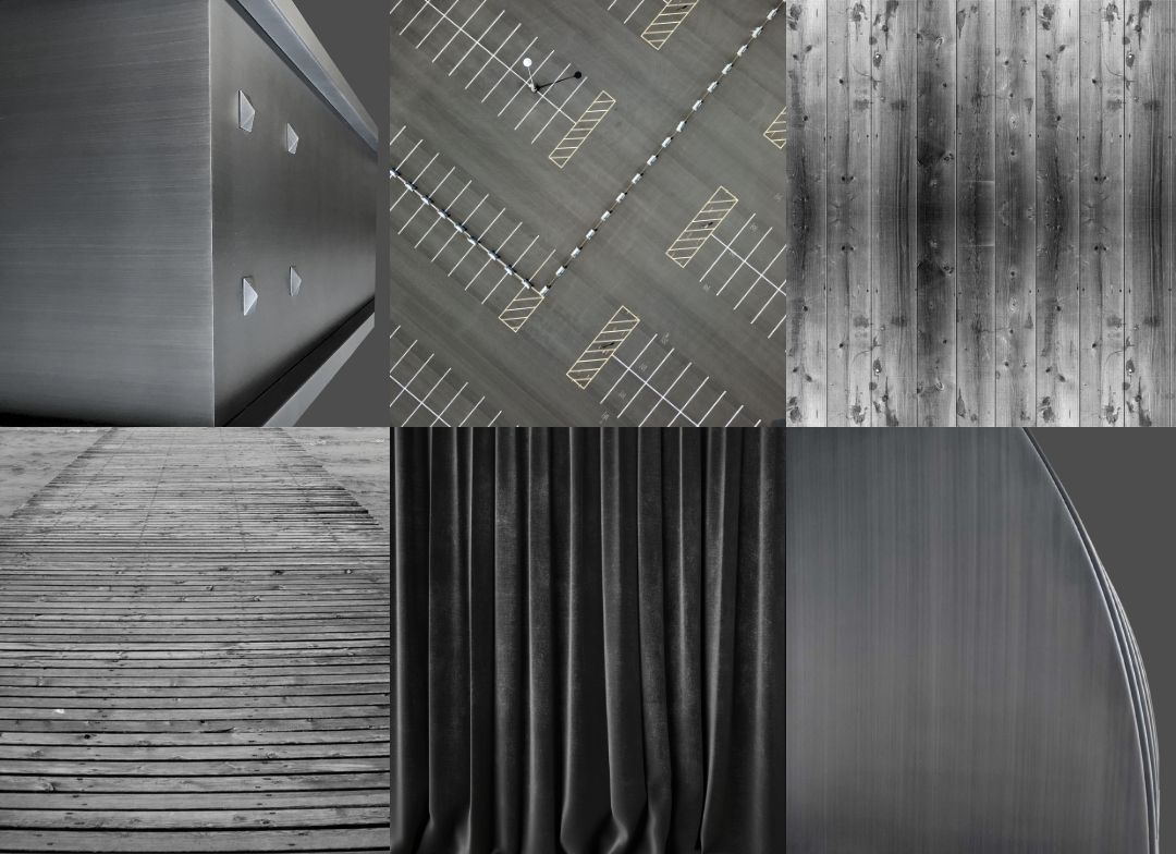 Brushed Mood Board Mobile The Brushed Mood Board Mobile features six minimalist grayscale images: a vented metal wall, empty parking lot, weathered wood planks, wooden boards, draped dark curtains, and a smooth curved metal surface.