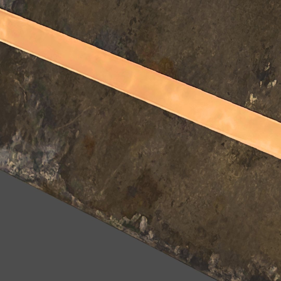Copper Polished 3-3 Close-up of a rough, dark brown stone surface featuring the Copper Polished 3-3—a smooth, metallic horizontal strip embedded across it.